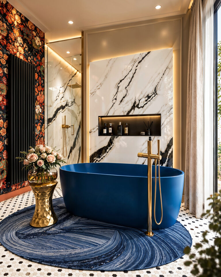 Deep Blue & Terracotta – Refined Bathroom and Private Spaces