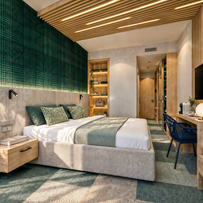 Contemporary Hotel Room – Compact Space, Distinctive Materiality