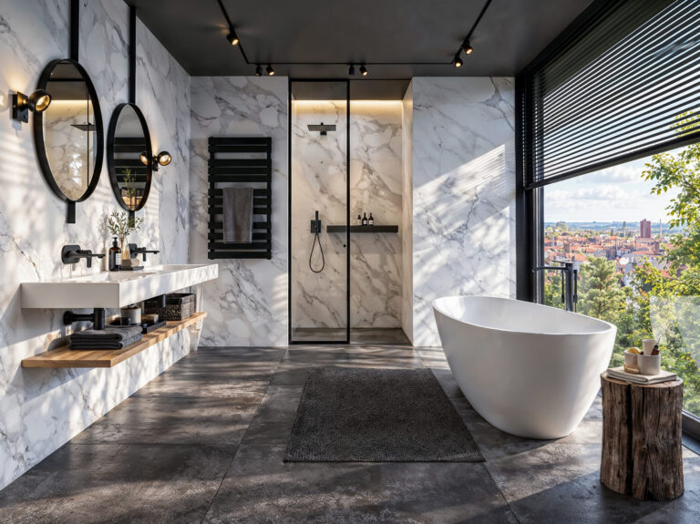 Elegant Bathroom with City View – Interior & Product Visualisation