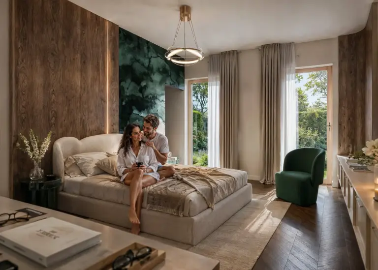 Deep Tones – Emerald Green & Walnut in a Luxury Bedroom