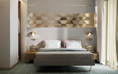 3DVisionDesign Exclusive hotelszoba belsőépitészeti 3d látványterv púder arany zöld szinben