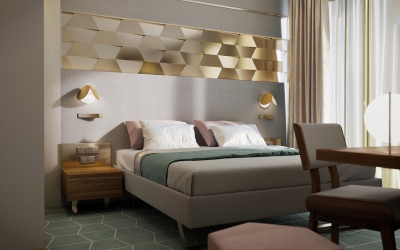 3DVisionDesign Exclusive hotelszoba belsőépitészeti 3d látványterv púder arany zöld szinben