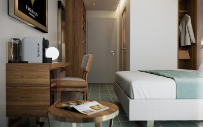 3DVisionDesign Exclusive hotelszoba belsőépitészeti 3d látványterv púder arany zöld szinben