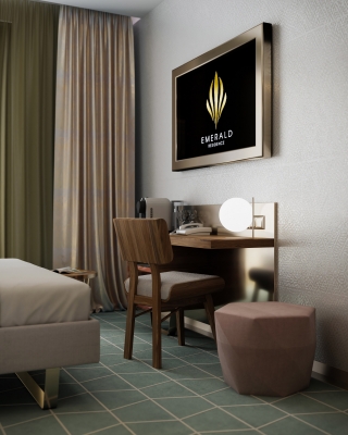 3DVisionDesign Exclusive hotelszoba belsőépitészeti 3d látványterv púder arany zöld szinben