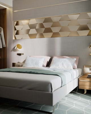 3DVisionDesign Exclusive hotelszoba belsőépitészeti 3d látványterv púder arany zöld szinben