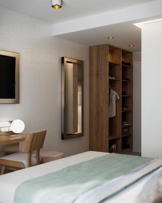 3DVisionDesign Exclusive hotelszoba belsőépitészeti 3d látványterv púder arany zöld szinben