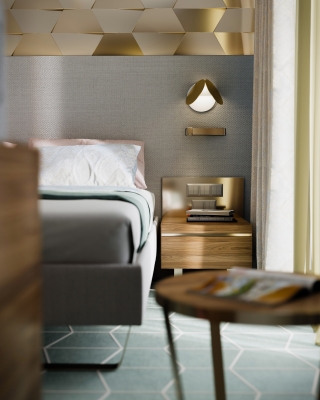 3DVisionDesign Exclusive hotelszoba belsőépitészeti 3d látványterv púder arany zöld szinben