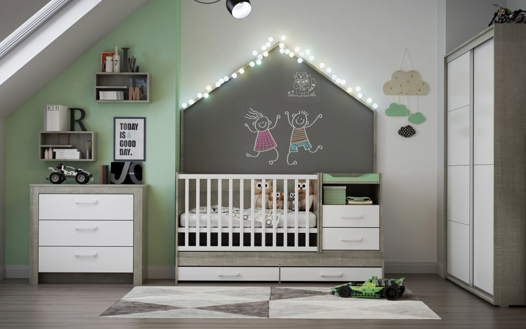 3DVisionDesign zöld szürke fiúszoba design lakberendezés gyerekszoba termékvizualizació 3d látványterv