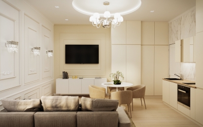 Beige Airbnb lakás belsőépítészeti látványtervek nappali konyha étkező fürdőszoba