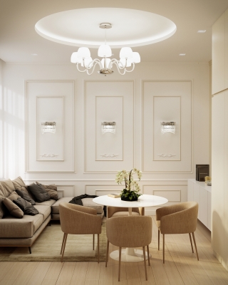 Beige Airbnb lakás belsőépítészeti látványtervek nappali konyha étkező fürdőszoba