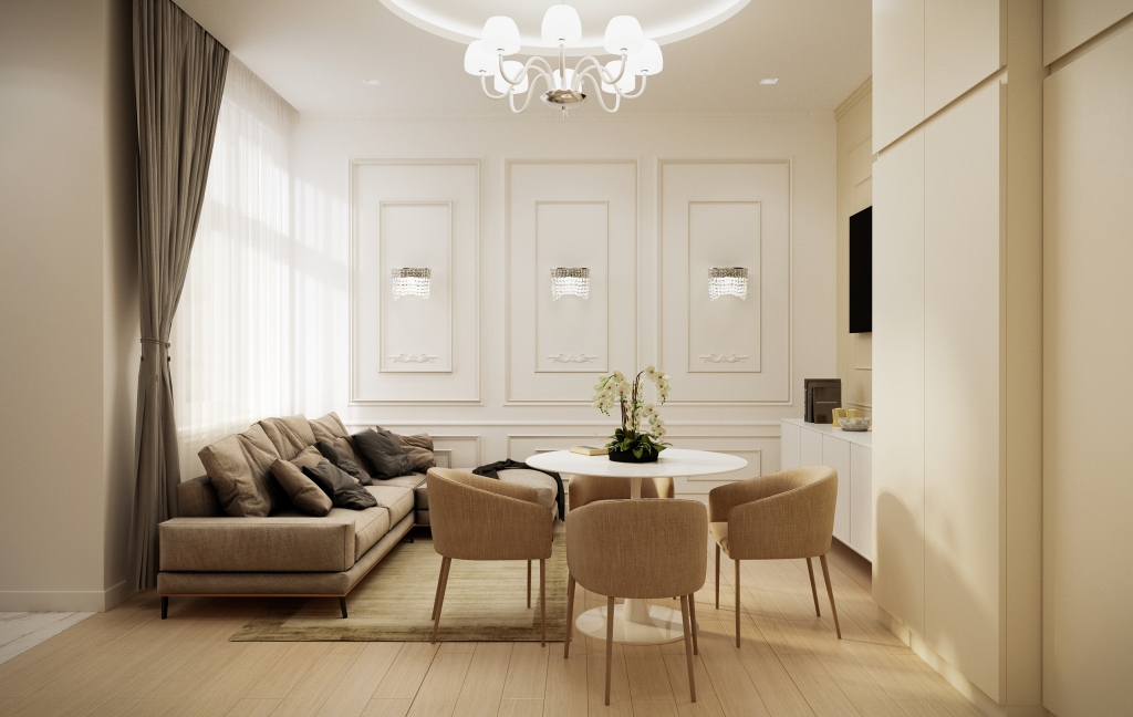 (alt)Beige Airbnb lakás belsőépítészeti látványtervek nappali konyha étkező fürdőszoba