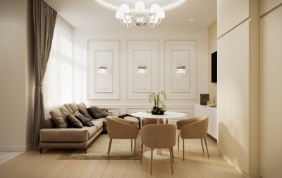 (alt)Beige Airbnb lakás belsőépítészeti látványtervek nappali konyha étkező fürdőszoba