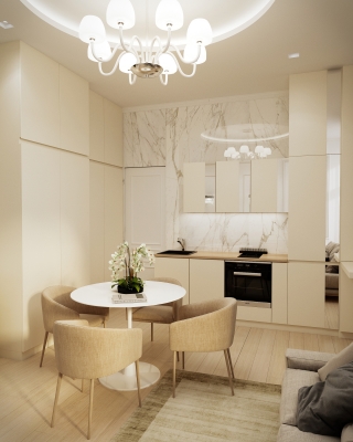 Beige Airbnb lakás belsőépítészeti látványtervek nappali konyha étkező fürdőszoba