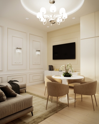 Beige Airbnb lakás belsőépítészeti látványtervek nappali konyha étkező fürdőszoba