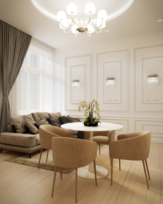 Beige Airbnb lakás belsőépítészeti látványtervek nappali konyha étkező fürdőszoba