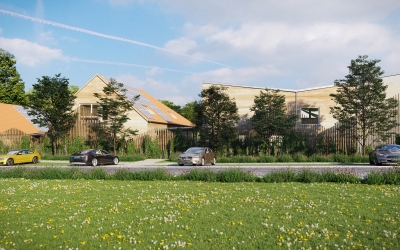 Nemesvámos Fehérlófia Waldorf Iskola építészeti homlokzati látványterv 3DVisionDesign