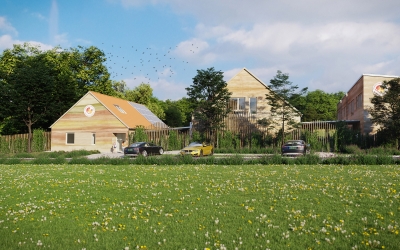 Nemesvámos Fehérlófia Waldorf Iskola építészeti homlokzati látványterv 3DVisionDesign