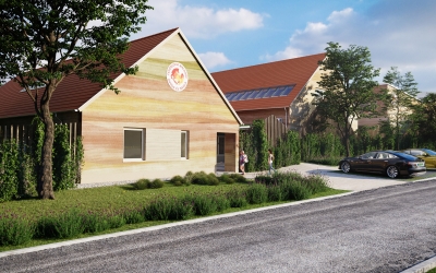 Nemesvámos Fehérlófia Waldorf Iskola építészeti homlokzati látványterv 3DVisionDesign