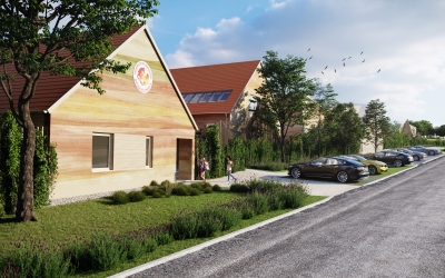 Nemesvámos Fehérlófia Waldorf Iskola építészeti homlokzati látványterv 3DVisionDesign