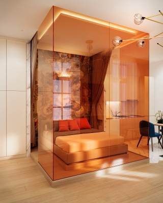 Orange Airbnb lakás belsőépítészeti látványtervek nappali konyha étkező fürdőszoba 3DVisionDesign