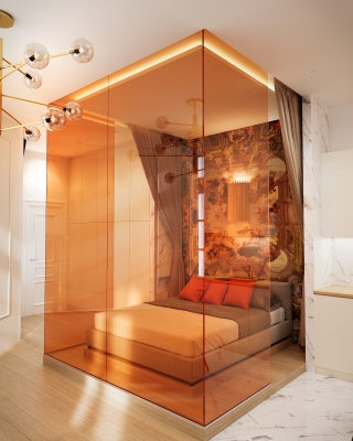 Orange Airbnb lakás belsőépítészeti látványtervek nappali konyha étkező fürdőszoba 3DVisionDesign