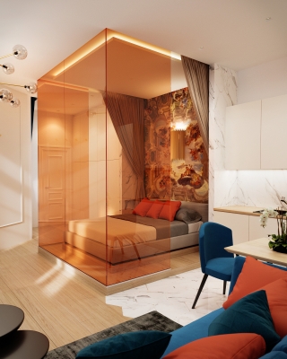 Orange Airbnb lakás belsőépítészeti látványtervek nappali konyha étkező fürdőszoba 3DVisionDesign