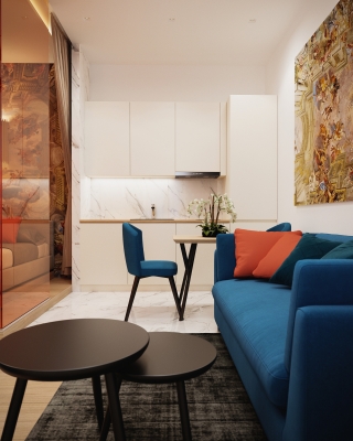 Orange Airbnb lakás belsőépítészeti látványtervek nappali konyha étkező fürdőszoba 3DVisionDesign