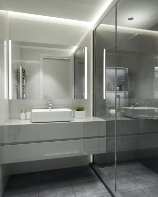 Szürke fürdőszoba design 3d látványterv ingatlan értékesítés céljából