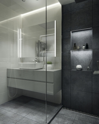 Szürke fürdőszoba design 3d látványterv ingatlan értékesítés céljából