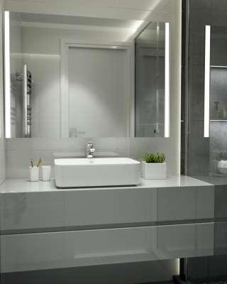 Szürke fürdőszoba design 3d látványterv ingatlan értékesítés céljából