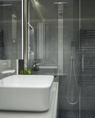 Szürke fürdőszoba design 3d látványterv ingatlan értékesítés céljából