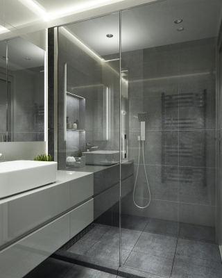 Szürke fürdőszoba design 3d látványterv ingatlan értékesítés céljából