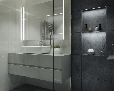 Szürke fürdőszoba design 3d látványterv ingatlan értékesítés céljából